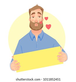Man in love holding blank paper. Man with empty sheet of paper