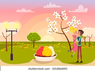 Man in love holding blonde woman on sunset in park vector illustration. Blossom tree, green grass, color flowerbed and lights at spring