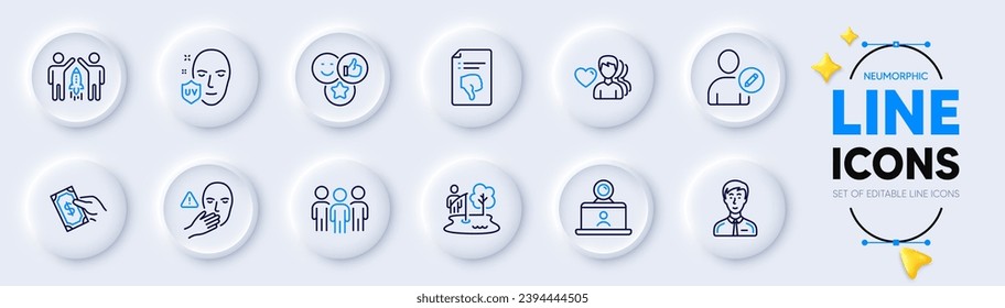 Man love, Like and Partnership line icons for web app. Pack of Edit user, Uv protection, Video conference pictogram icons. Fishing place, Pay money, Group signs. Thumb down. Neumorphic buttons. Vector