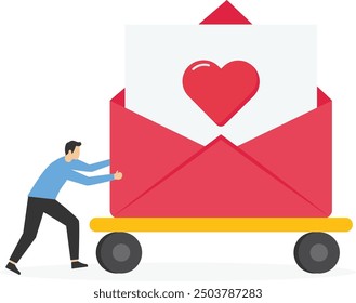 Man in love pushes big love envelope. Metaphor of love letter, romantic message. Cartoon vector illustration.

