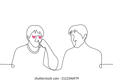 man in love sitting admiring his male crush - one line drawing vector. homosexual love concept 