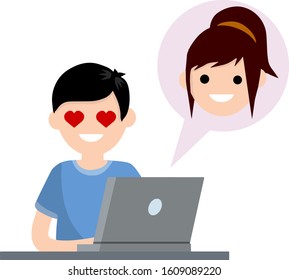 Man in love sitting at table with laptop. boyfriend and girlfriend email. Heart on eyes of. Bubble with girl head. Romantic relationships on Internet. Cartoon flat illustration. Chat with woman