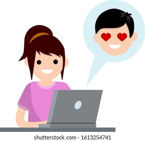 Man in love sitting at table with laptop. boyfriend and girlfriend email. Bubble and  head. Romantic relationships on Internet. Cartoon flat illustration. Chat with woman. Heart on eyes