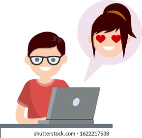 Man in love sitting at table with laptop. boyfriend and girlfriend email. Bubble with girl head. Romantic relationships on Internet. Cartoon flat illustration. Chat with woman. Heart on eyes