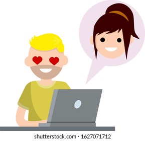Man in love sitting at table with laptop. boyfriend and girlfriend email. Bubble with girl head. Romantic relationships on Internet. Cartoon flat illustration. Chat with woman. Heart on eyes