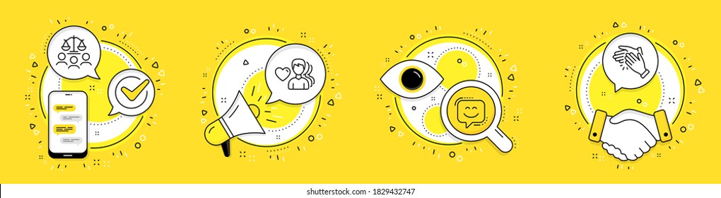 Man love, Smile face and Court jury line icons set. Cell phone, megaphone and deal vector icons. Clapping hands sign. Romantic people, Chat, Justice scale. Clap. People set. Vector