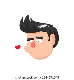 Man in love thinks about his girlfriend and sends her a kiss, Valentine`s Day vector greeting card isolated white background with heart