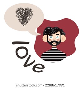 A man is in love, thoughts in his head, love, vector image, clipart, sketch, sticker, banner, postcard