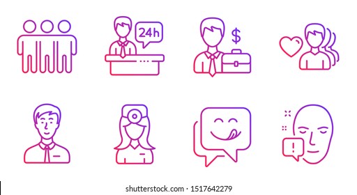 Man love, Yummy smile and Reception desk line icons set. Businessman case, Friendship and Oculist doctor signs. Businessman person, Face attention symbols. Romantic people, Emoticon. Vector