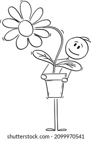 Man or lover holding big plant or flower in pot or flowerpot. Vector cartoon stick figure or character illustration.