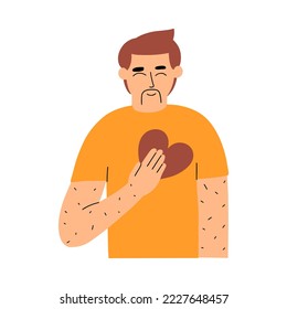 The man loves himself. Concept of narcissism, admiration of oneself. Romantic character holding a heart in his hand. Vector illustration in flat style