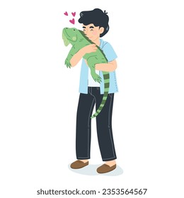 Man loving big exotic pet iguana, person happy and excite holding large green lizard, friendship and bone between man and reptile in Affectionate Interaction. Vector illustration on white background.