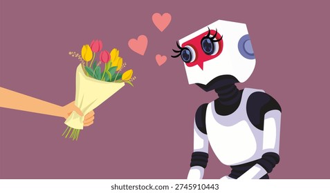Man Loving a Chat bot Girlfriend Ai Concept Vector Illustration. Virtual relationship with an artificial intelligence chatbot partner graphic 