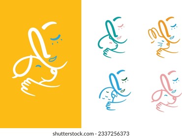 Man lovingly clings to an animal cat, dog, rabbit, parrot compositions drawing on bright color background