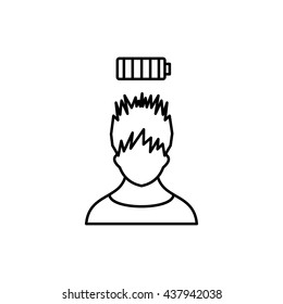 Man with low battery over head icon, outline style