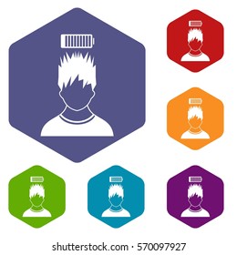 Man with low battery over head icons set rhombus in different colors isolated on white background