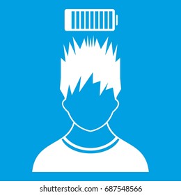 Man with low battery over head icon white isolated on blue background vector illustration