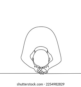 man in a low bow on his knees - one line drawing vector. concept bow to the ground, prayer, cry