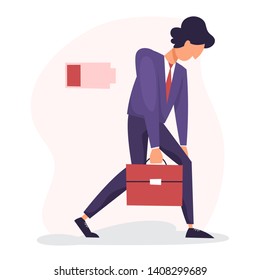 Man with a low level of energy. Sad, tired person in need of recharge. Stressed office worker. Isolated vector illustration in cartoon style