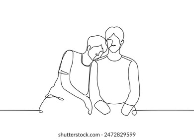 man lowered his head on the shoulder of a man sitting next to him - one line art vector. support concept, gay couple, brothers, friends. Handmade vector not AI