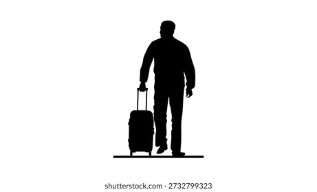 Hombre con la vista posterior del equipaje, silueta aislada negra