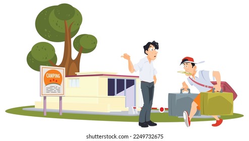 Man with luggage came to campsite. Funny people. Illustration concept template for website, web landing page, banner, presentation, social, poster, promotion or print media.