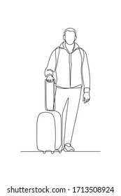 Man with luggage in continuous line art drawing style. Tourist in casual clothes with suitcase and backpack ready for traveling black linear sketch isolated on white background. Vector illustration