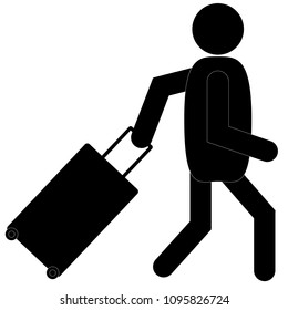 man with luggage icon on white background. passenger pulling rolling bag sign. flat style. 