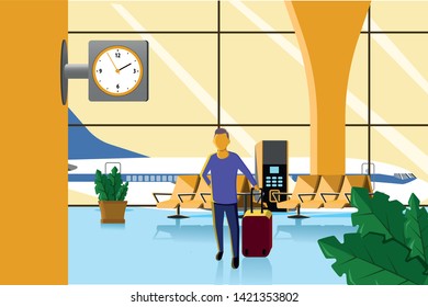 a man with Luggage stands and look at the clock at the airport in the waiting room on the background of the plane