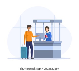 Man with luggage suitcases in queue to flight attendant behind airport check in counter, verification of documents for flight across border. Tourist before to flying departure at airport interior