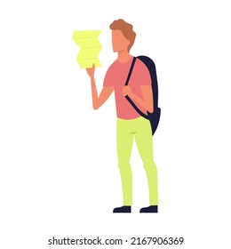 Man with luggage travel and vacation baggage. Passenger trip tourist and holiday tourism. Departure businessman cartoon and traveler carrying arrival. Summer lifestyle adventure and voyage male
