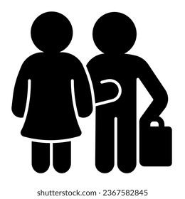 Hombre con equipaje y mujer icono sólido, concepto de citas y asociación, movimiento, señalización de vector de viaje sobre fondo blanco, icono de estilo glifo para concepto móvil y diseño web. Gráficos vectoriales