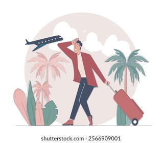 Man with luggage. Young guy near airport. Travel and tourism. Holiday and vacation. Tourist with baggage. Flight and trip. Arrival or departure. Linear vector illustration