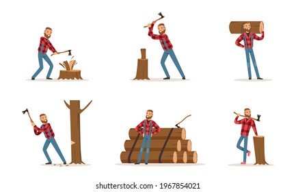 Man Lumberjack in Action Set, Woodcutter Cartoon Character Wearing Plaid Shirt Working with Axe Cartoon Vector Illustration