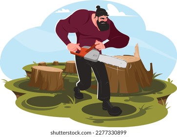 Man lumberjack with chainsaw sawing trees, lumberjack sawed down wooden trunks in woods, Stock vector illustration
