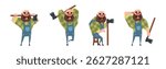 Man Lumberjack Character with Axe Chopping Wood Vector Set