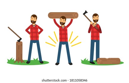 Man Lumberjack in Check Shirt Carrying Wood Chopper and Logs Vector Illustration Set