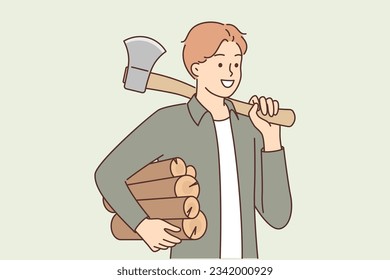 Man lumberjack holds ax and logs for making fire during hike or camping with night halt. Lumberjack guy prepared branches for kindling fireplace in house and creating cozy atmosphere in cottage