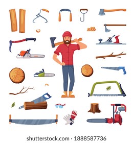 Man Lumberjack in Red Shirt and Wood Chopping Equipment Vector Set