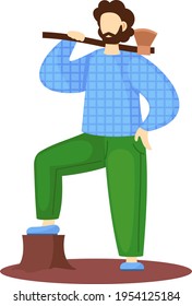 Man lumberjack is standing with wood chopper on his shoulder Guy with ax chops down trees