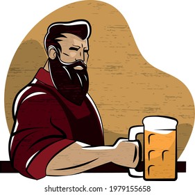 A man with a lumberjack-style beard sits at the bar with a beer. Vector image of a big man with a glass