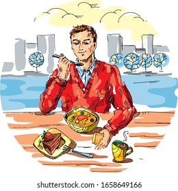 Man at lunch break. Office worker. Lifestyle. Cartoon funny characters. Vector hand drawn illustration. Card