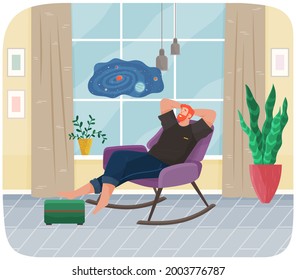 Man lying in armchair. Happy smile guy relaxing at home. Rest on couch and dream near big window. Home leisure. Male character lies on rocking chair and smiles, dreams, sees happy dream in livingroom