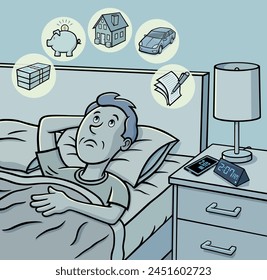 Man lying awake in bed at night and unable to sleep because he is worried about finances, money, savings, car, home, nest egg, and contract obligations.