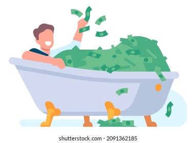 Man lying in bath full of money. Good fortune or luck concept