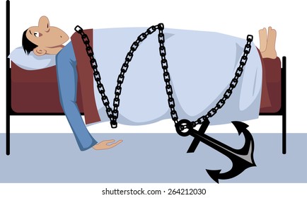 Man lying in bed, chained to it with a giant anchor lying on the floor, as a metaphor for illness or luck of energy, vector illustration, no transparencies, EPS 8 