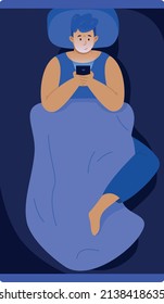 Hombre en la cama y charlando por teléfono. Smartphone nocturno con aislamiento en fondo blanco