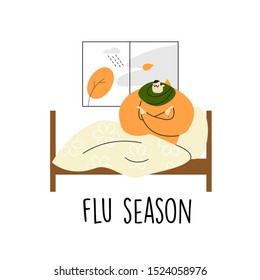 Man Lying In Bed With Chills. Vector Cartoon Illustration. Flu Season.