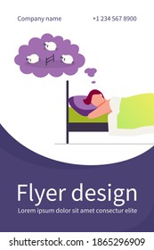 Man lying in bed and counting sheep. Relaxation, animal, night flat vector illustration. Sleeping and insomnia concept for banner, website design or landing web page