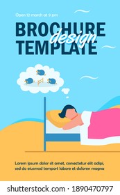 Man lying in bed and counting sheep. Relaxation, animal, night flat vector illustration. Sleeping and insomnia concept for banner, website design or landing web page